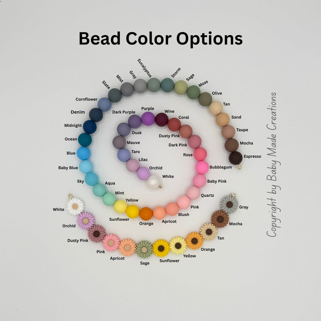 Bead color chart for personalized daisy pacifier clips with 44 silicone bead colors and twelve daisy colors