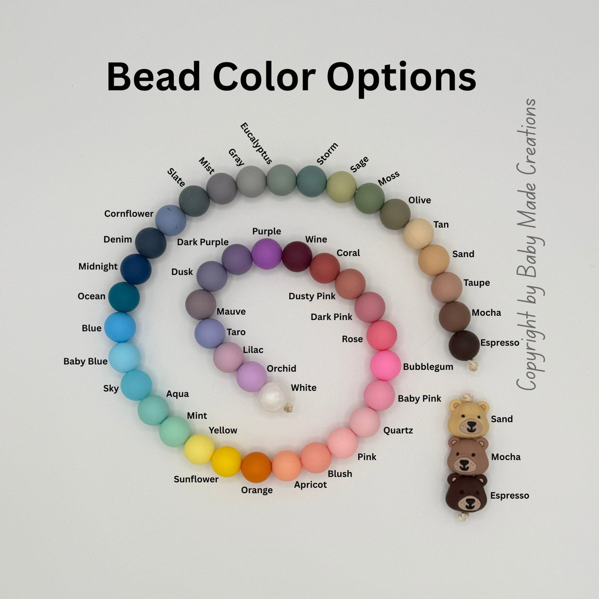 Bead color chart for personalized teddy bear pacifier clips with 44 silicone bead colors and three bear colors