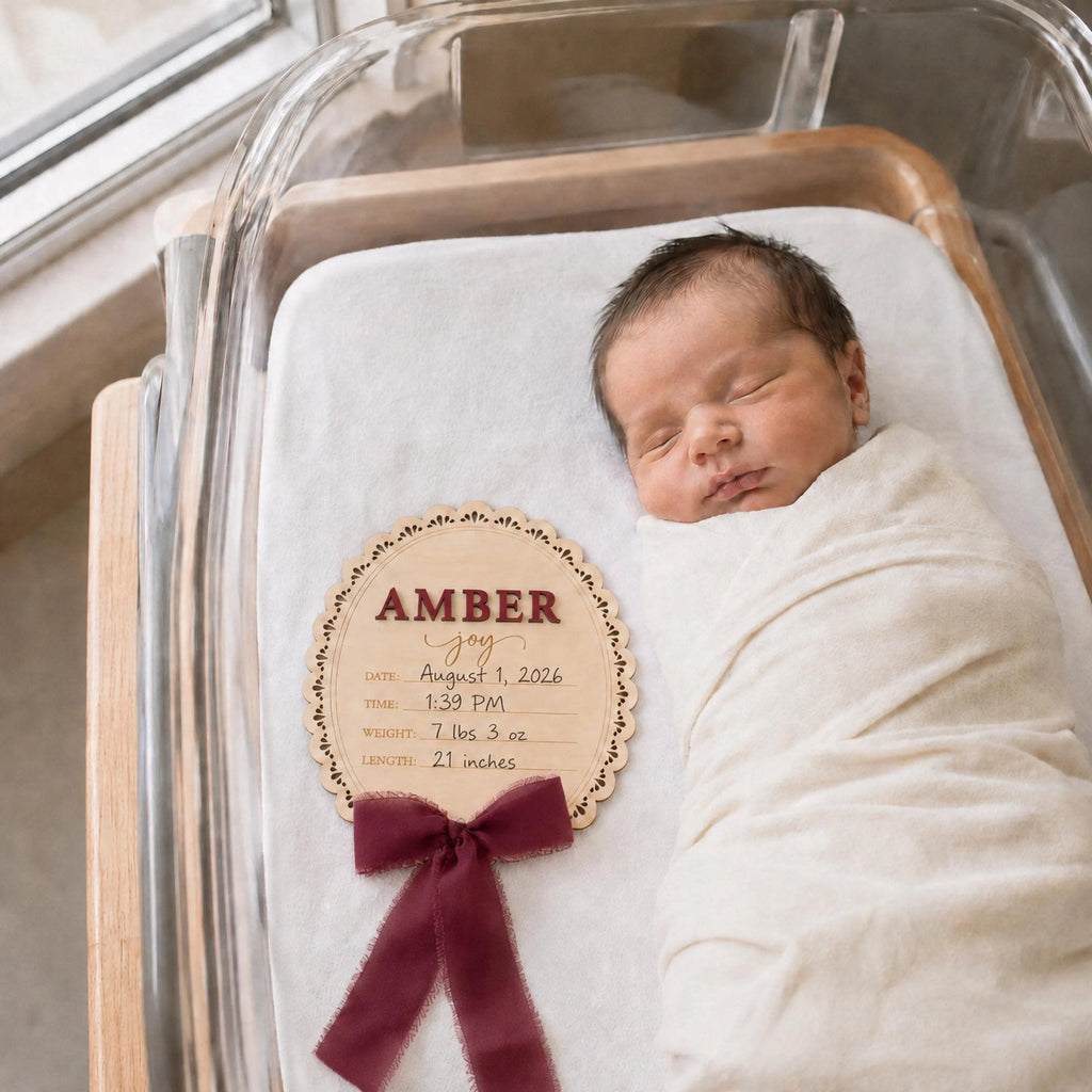 Newborn name sign in a hospital bassinet with the birth stats filled in by hand