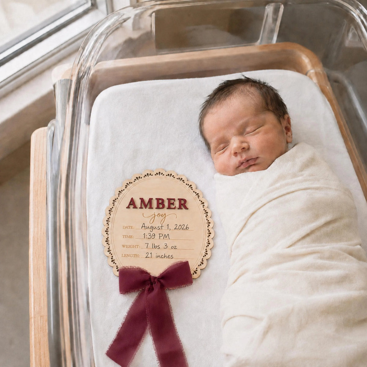 Newborn name sign in a hospital bassinet with the birth stats filled in by hand