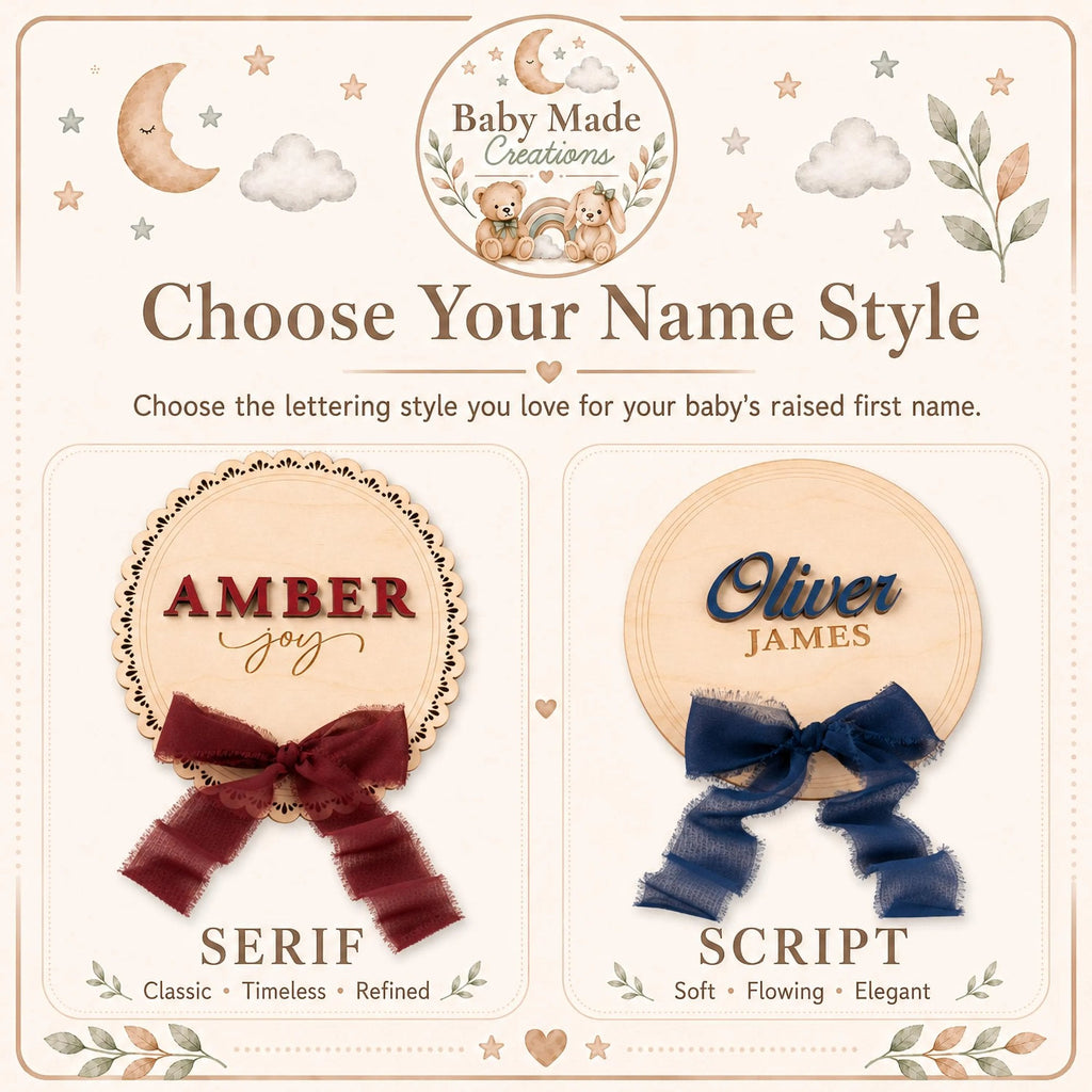 Name style guide showing the serif and script lettering for the baby name plaque