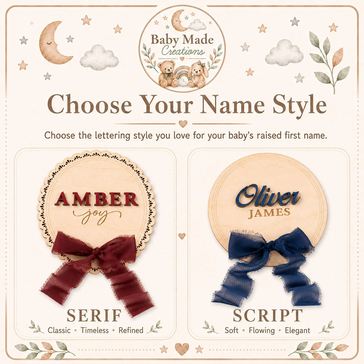 Name style guide showing the serif and script lettering for the baby name plaque