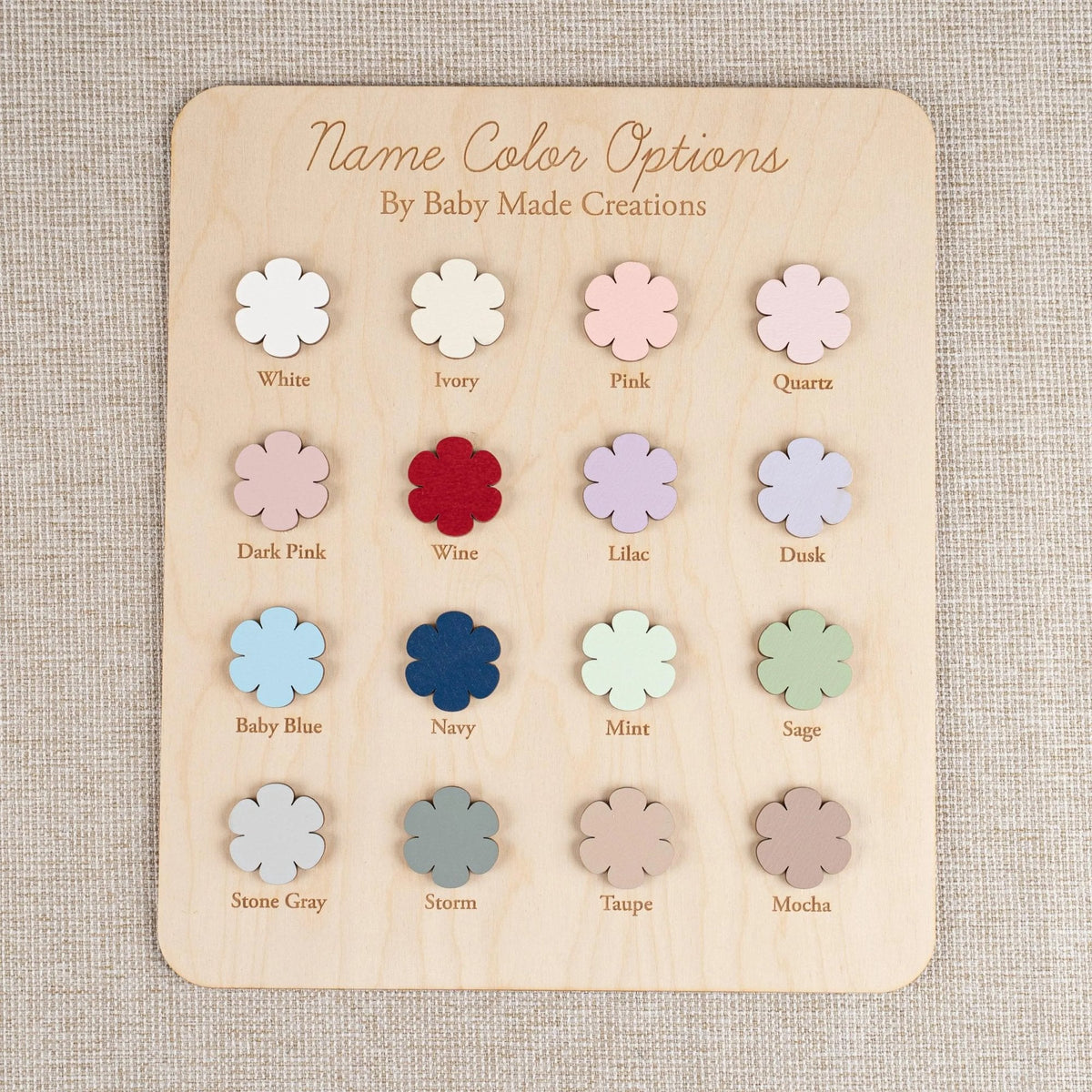 3D name color chart for the scalloped baby name plaque, sixteen painted wood colors
