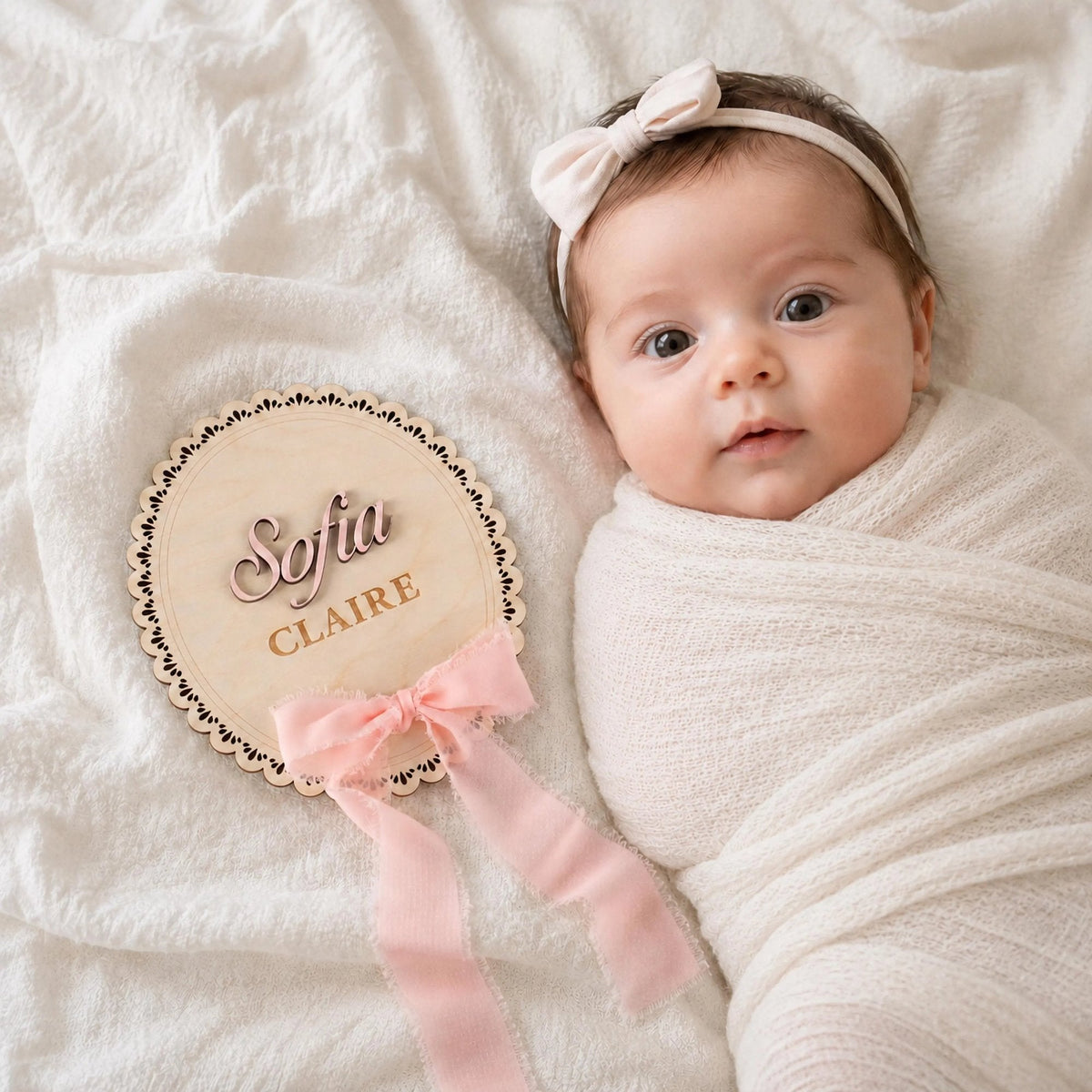Scalloped oval baby name plaque with a pink ribbon beside a swaddled newborn