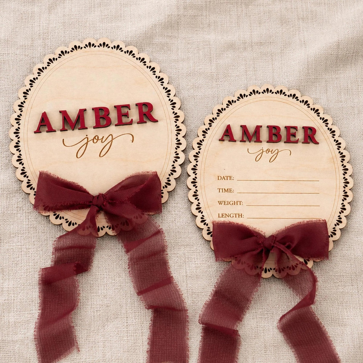 Scalloped baby name plaque and birth stat plaque with wine ribbon, name Amber Joy