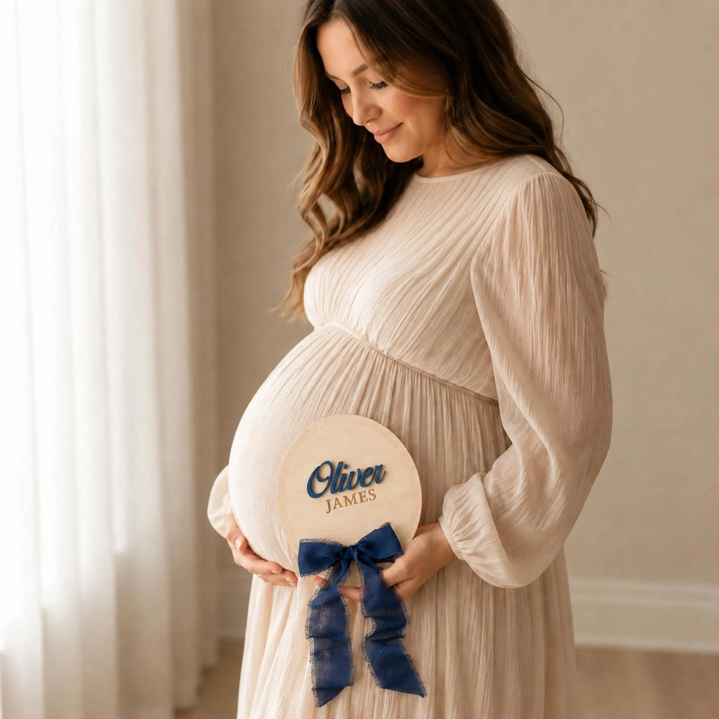 Baby name photo prop held at a maternity session, oval plaque with a navy ribbon