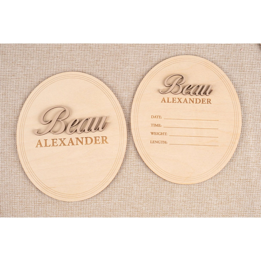 Wooden baby name plaque and birth stat plaque with no ribbon, raised name Beau Alexander