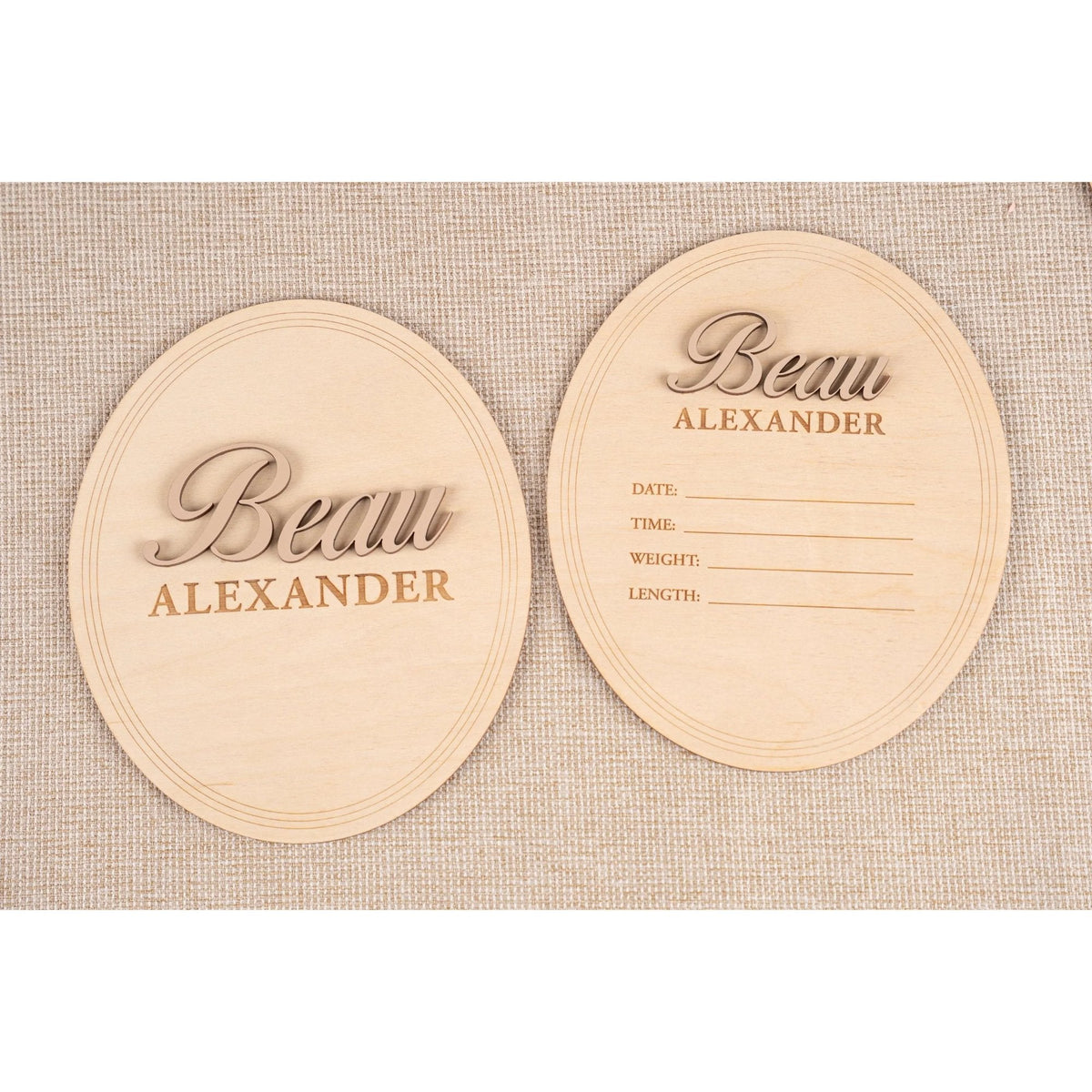 Wooden baby name plaque and birth stat plaque with no ribbon, raised name Beau Alexander