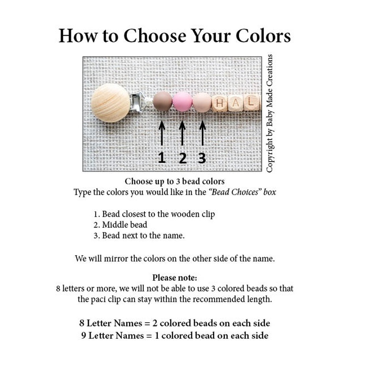 Guide showing how to choose three bead colors in order for a personalized classic pacifier clip