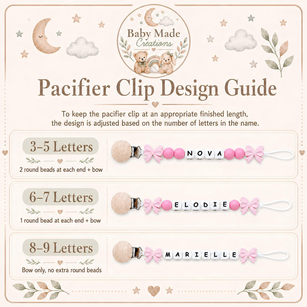 Bow pacifier clip design guide showing how the bead layout changes for 3 to 5, 6 to 7 and 8 to 9 letter names