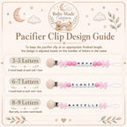 Bow pacifier clip design guide showing how the bead layout changes for 3 to 5, 6 to 7 and 8 to 9 letter names
