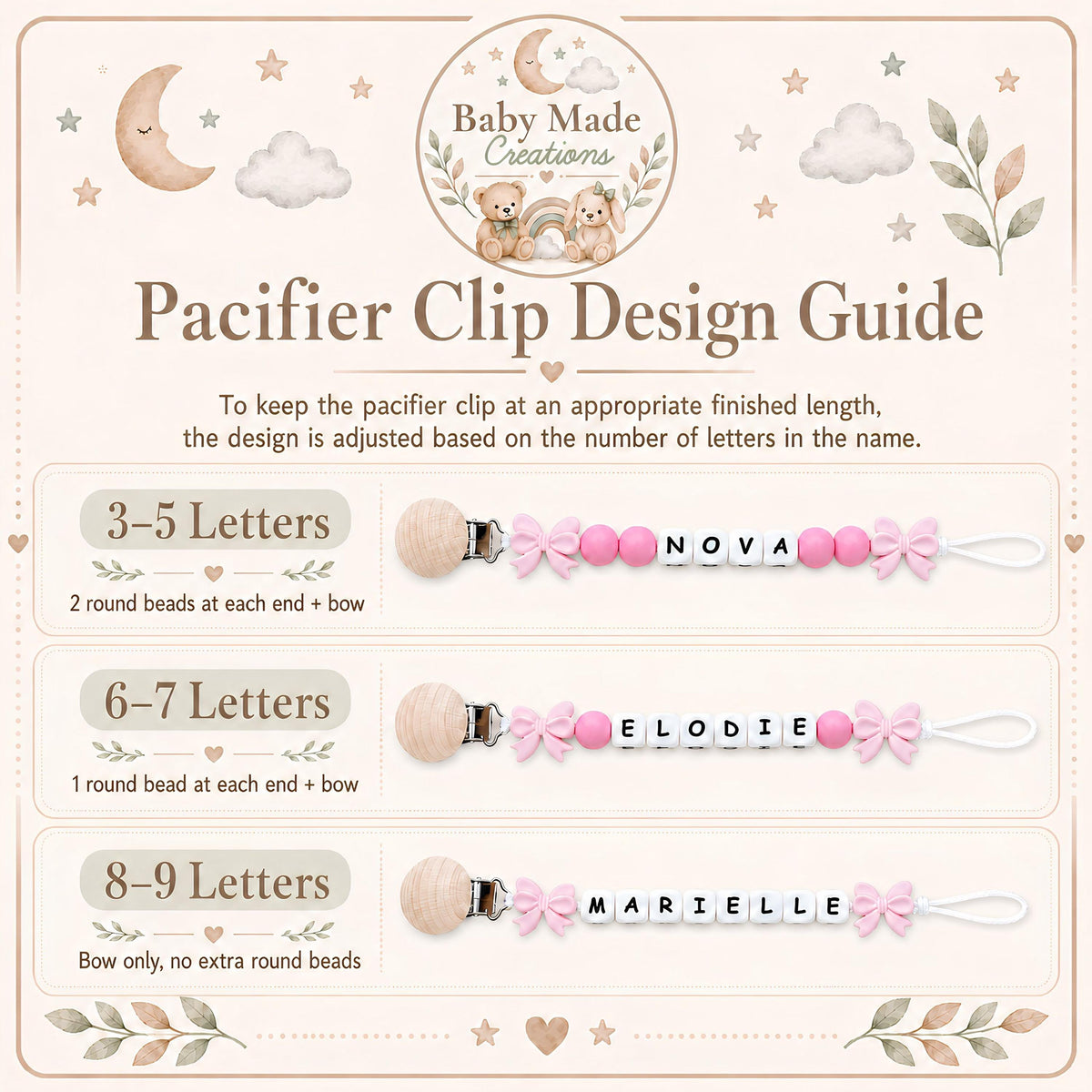 Bow pacifier clip design guide showing how the bead layout changes for 3 to 5, 6 to 7 and 8 to 9 letter names